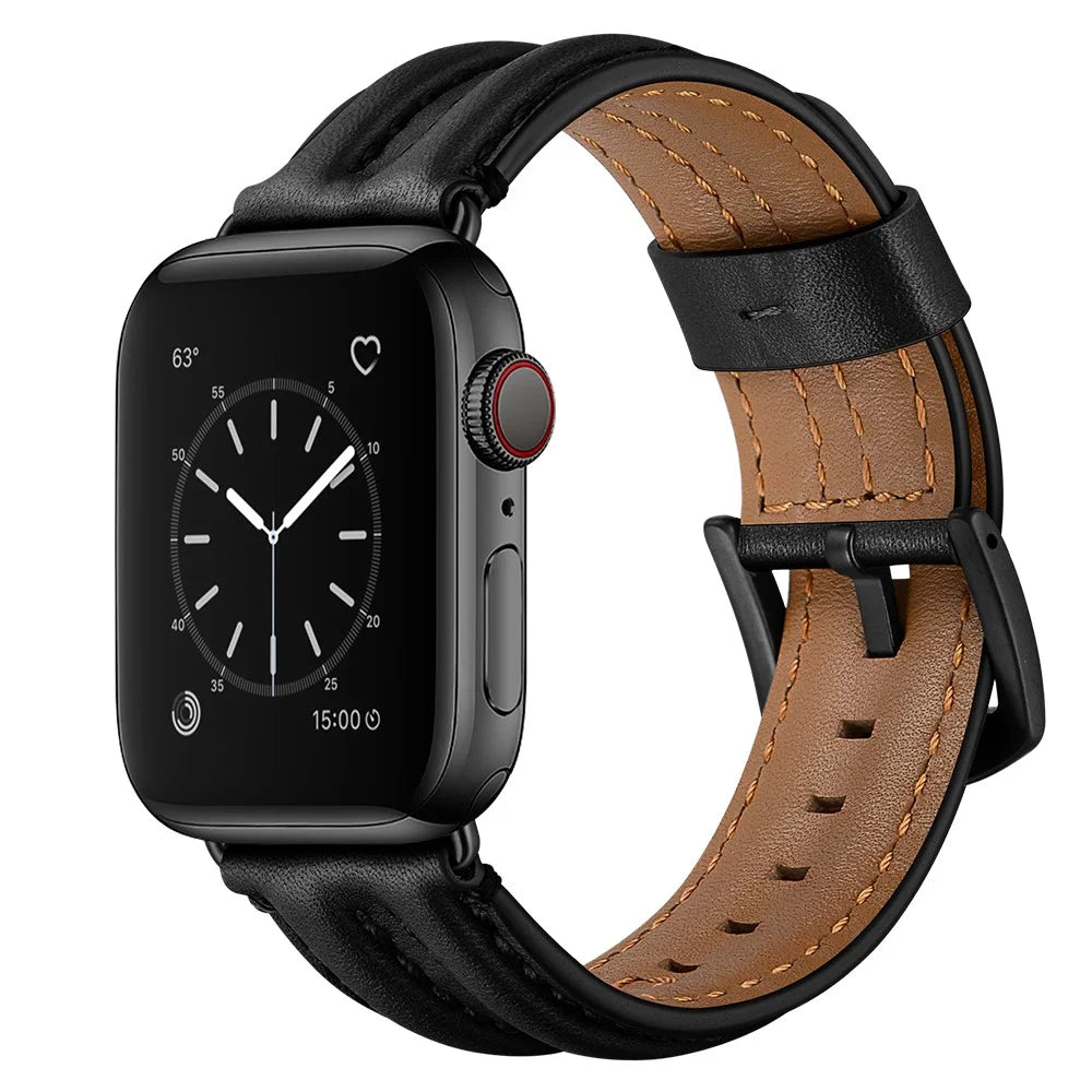 Top Layer Genuine Leather Watch Strap Band for Apple Watch Ultra 3 2 1 49mm / Series 11 10 46mm / 9 8 7 45mm / SE3 SE2 SE 6 5 4 44mm / 3 2 1 42mm - Black - 2
