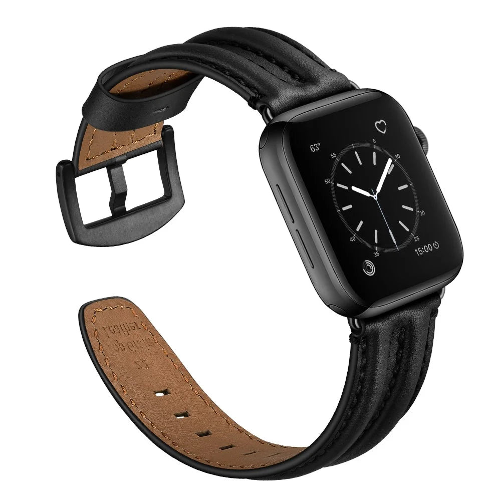Top Layer Genuine Leather Watch Strap Band for Apple Watch Ultra 3 2 1 49mm / Series 11 10 46mm / 9 8 7 45mm / SE3 SE2 SE 6 5 4 44mm / 3 2 1 42mm - Black - 3