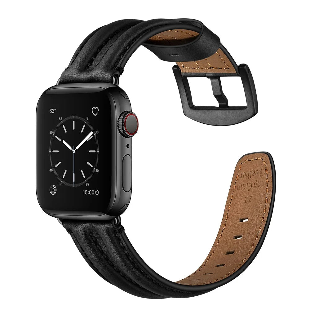 Top Layer Genuine Leather Watch Strap Band for Apple Watch Ultra 3 2 1 49mm / Series 11 10 46mm / 9 8 7 45mm / SE3 SE2 SE 6 5 4 44mm / 3 2 1 42mm - Black - 4