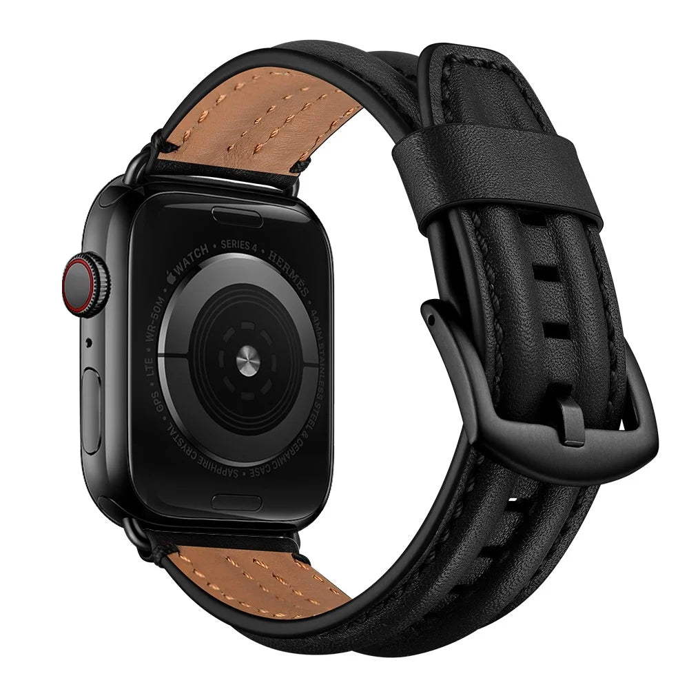 Top Layer Genuine Leather Watch Strap Band for Apple Watch Ultra 3 2 1 49mm / Series 11 10 46mm / 9 8 7 45mm / SE3 SE2 SE 6 5 4 44mm / 3 2 1 42mm - Black - 5