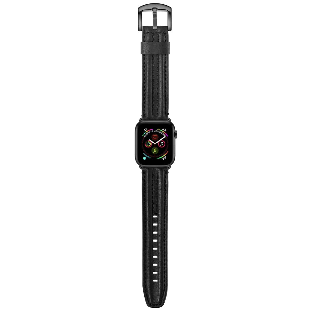 Top Layer Genuine Leather Watch Strap Band for Apple Watch Ultra 3 2 1 49mm / Series 11 10 46mm / 9 8 7 45mm / SE3 SE2 SE 6 5 4 44mm / 3 2 1 42mm - Black - 6