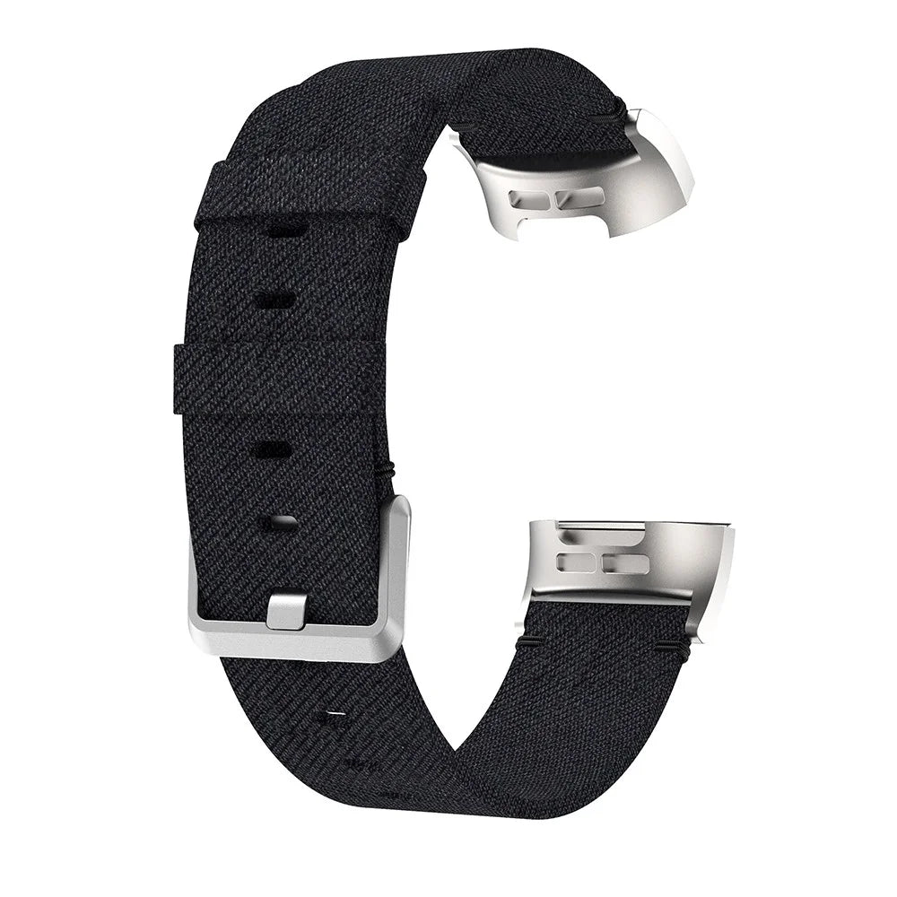 For Fitbit Charge 3/4 Canvas Watch Strap Replacement Wristband with Pin Buckle - Black - 1