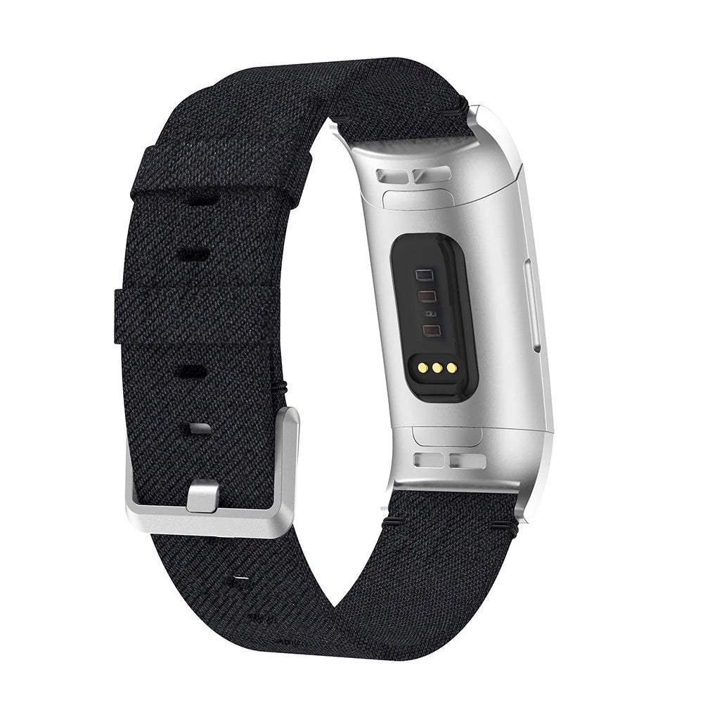 For Fitbit Charge 3/4 Canvas Watch Strap Replacement Wristband with Pin Buckle - Black - 2