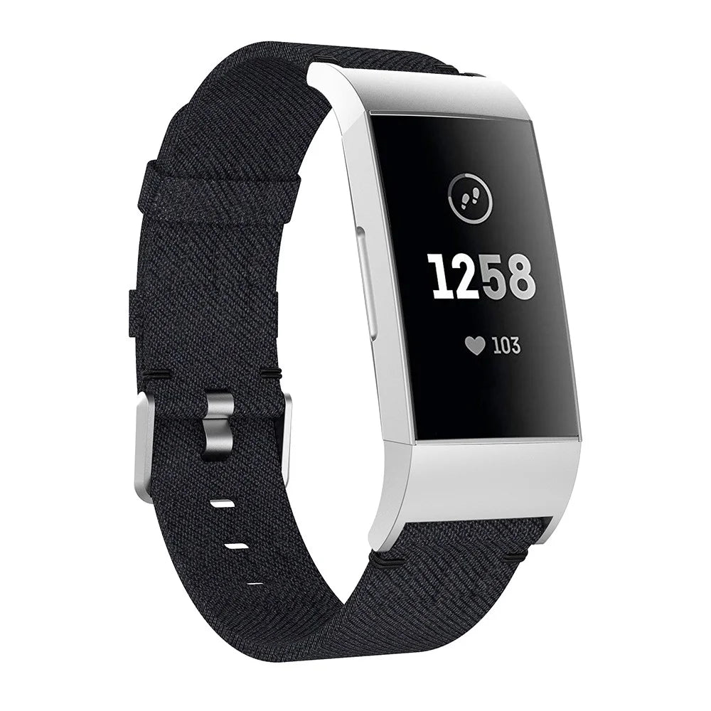 For Fitbit Charge 3/4 Canvas Watch Strap Replacement Wristband with Pin Buckle - Black - 4