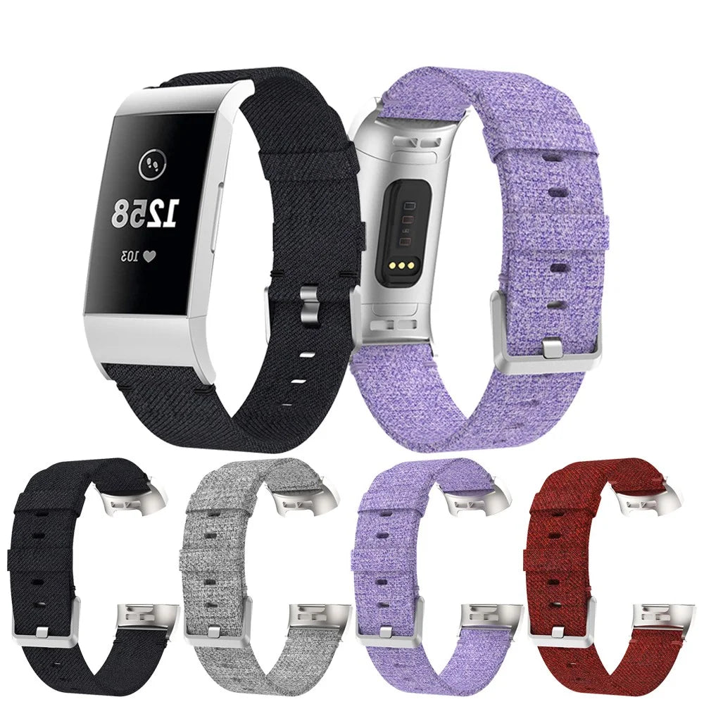 For Fitbit Charge 3/4 Canvas Watch Strap Replacement Wristband with Pin Buckle - Black - 6