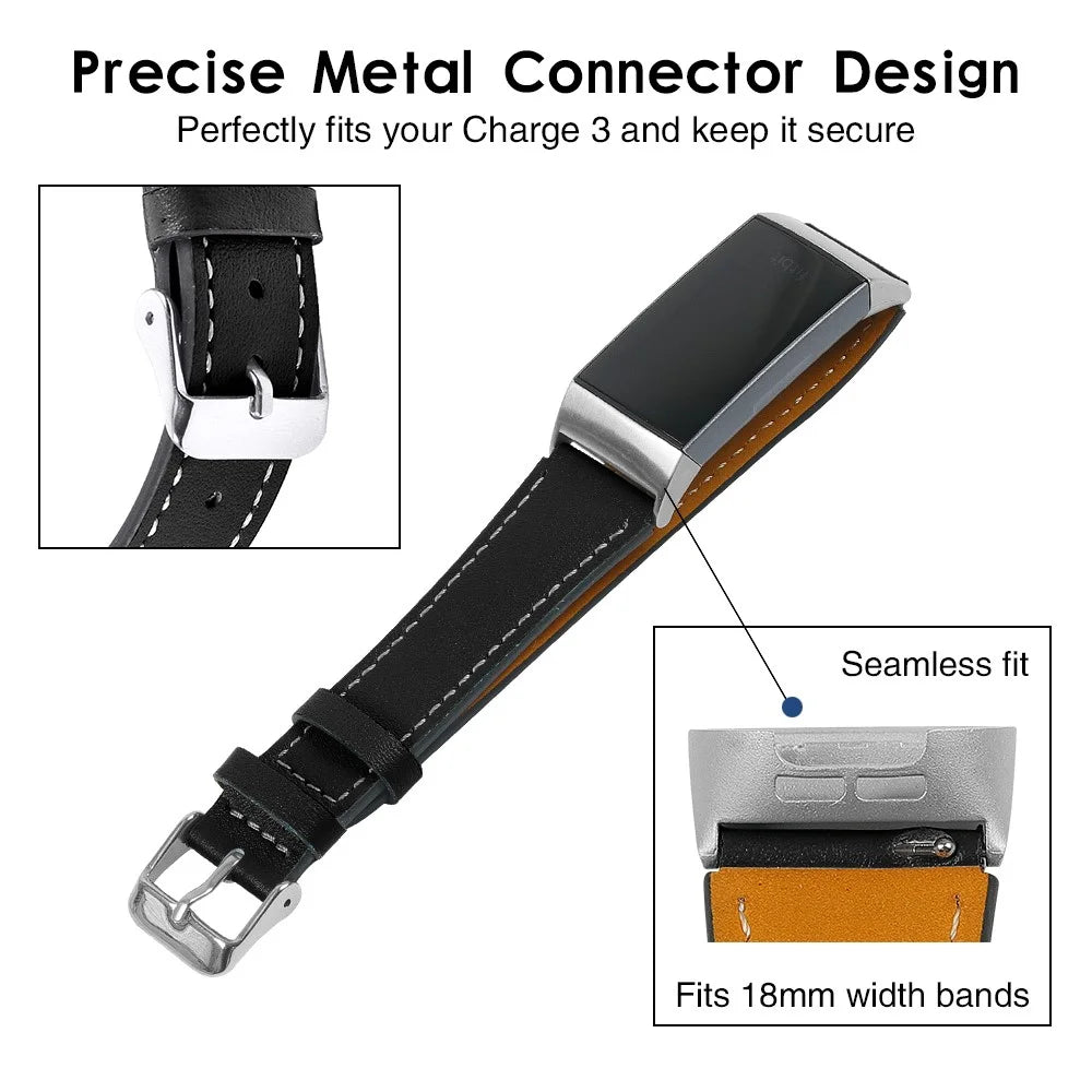 For Fitbit Charge 4/3 Watch Strap Genuine Leather Smart Watch Band Replacement - Black - 4