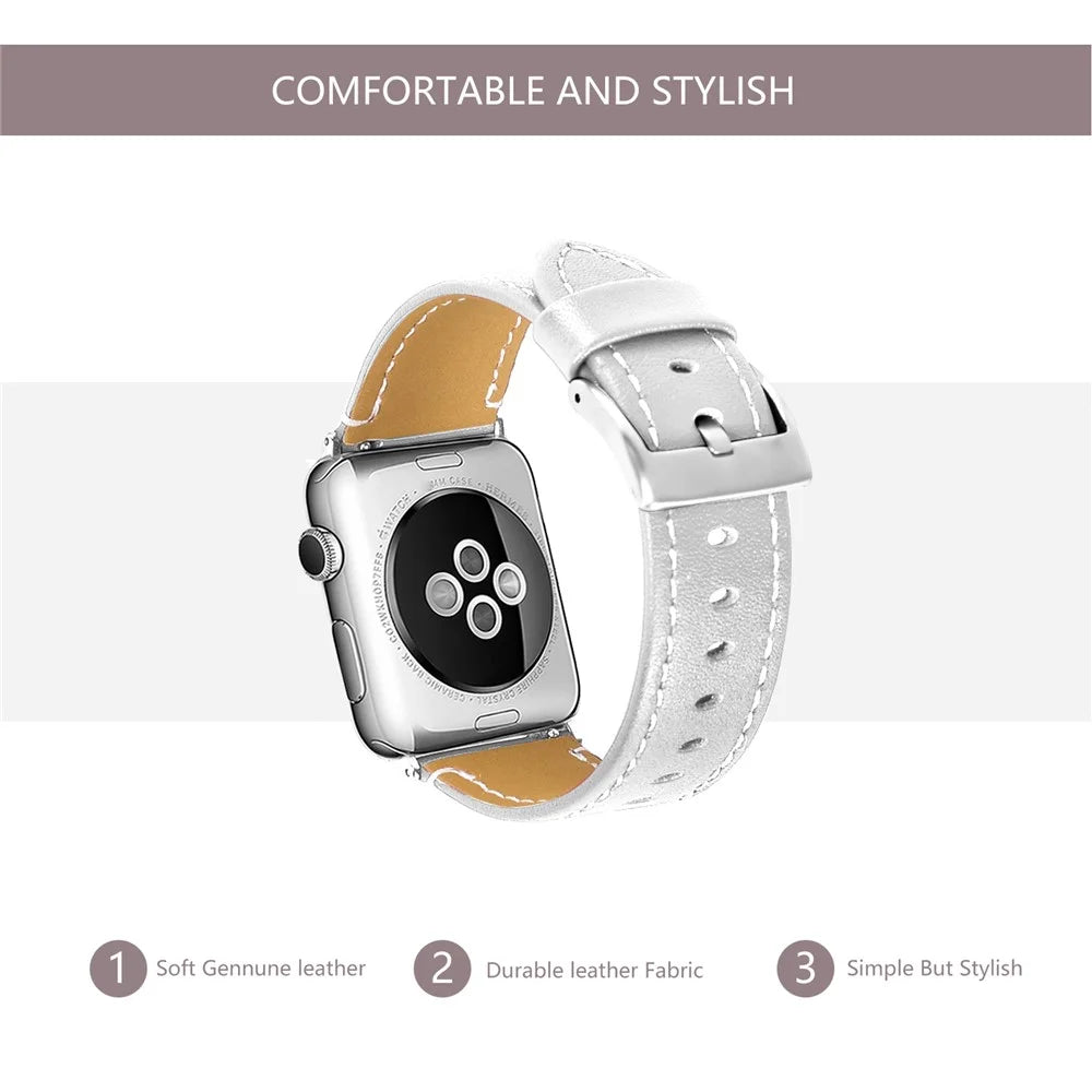 Classical Buckle Genuine Leather Watch Strap for Apple Watch Series 11 10 42mm / 9 8 7 41mm / SE3 SE2 SE 6 5 4 40mm / 3 2 1 38mm - White - 4