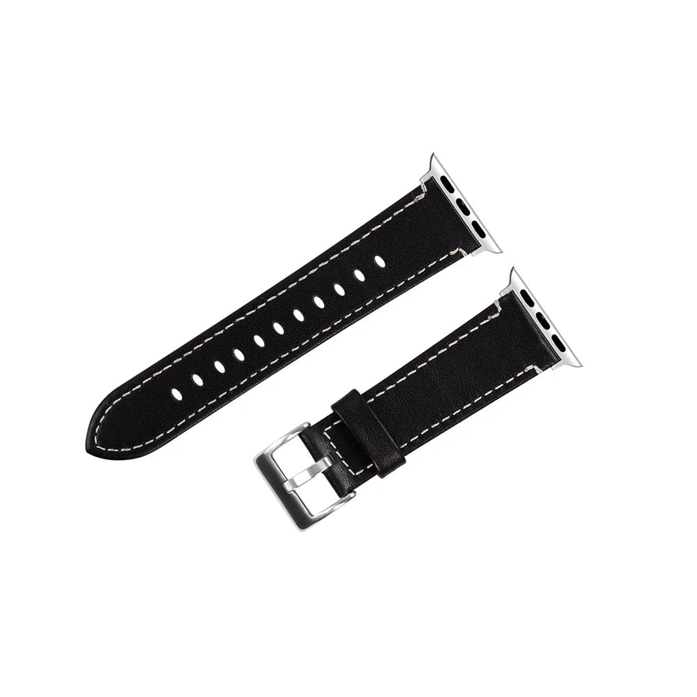 Genuine Leather Watch Band with Classical Buckle for Apple Watch Ultra 3 2 1 49mm / Series 11 10 46mm / 9 8 7 45mm / SE3 SE2 SE 6 5 4 44mm / 3 2 1 42mm - Black - 1