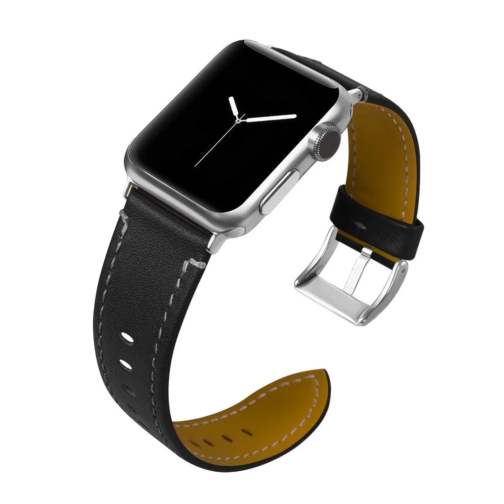 Genuine Leather Watch Band with Classical Buckle for Apple Watch Ultra 3 2 1 49mm / Series 11 10 46mm / 9 8 7 45mm / SE3 SE2 SE 6 5 4 44mm / 3 2 1 42mm - Black - 2