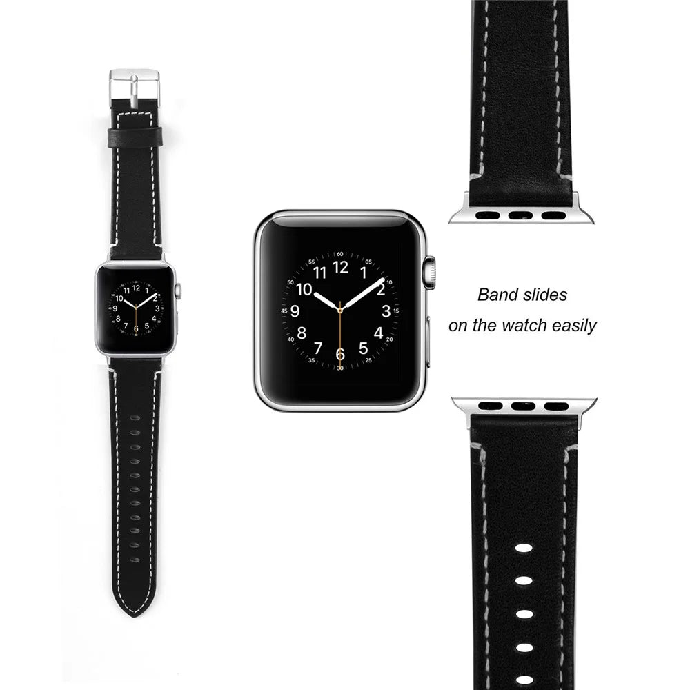 Genuine Leather Watch Band with Classical Buckle for Apple Watch Ultra 3 2 1 49mm / Series 11 10 46mm / 9 8 7 45mm / SE3 SE2 SE 6 5 4 44mm / 3 2 1 42mm - Black - 3