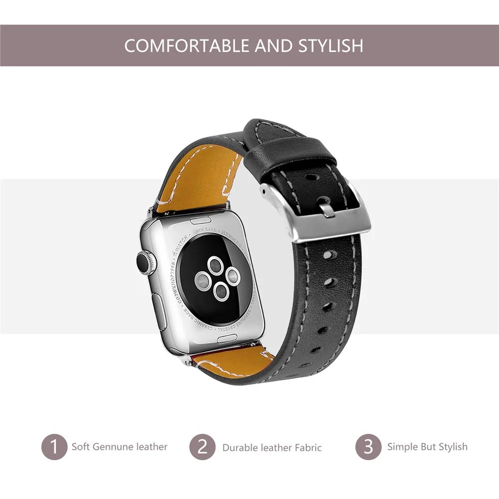 Genuine Leather Watch Band with Classical Buckle for Apple Watch Ultra 3 2 1 49mm / Series 11 10 46mm / 9 8 7 45mm / SE3 SE2 SE 6 5 4 44mm / 3 2 1 42mm - Black - 4