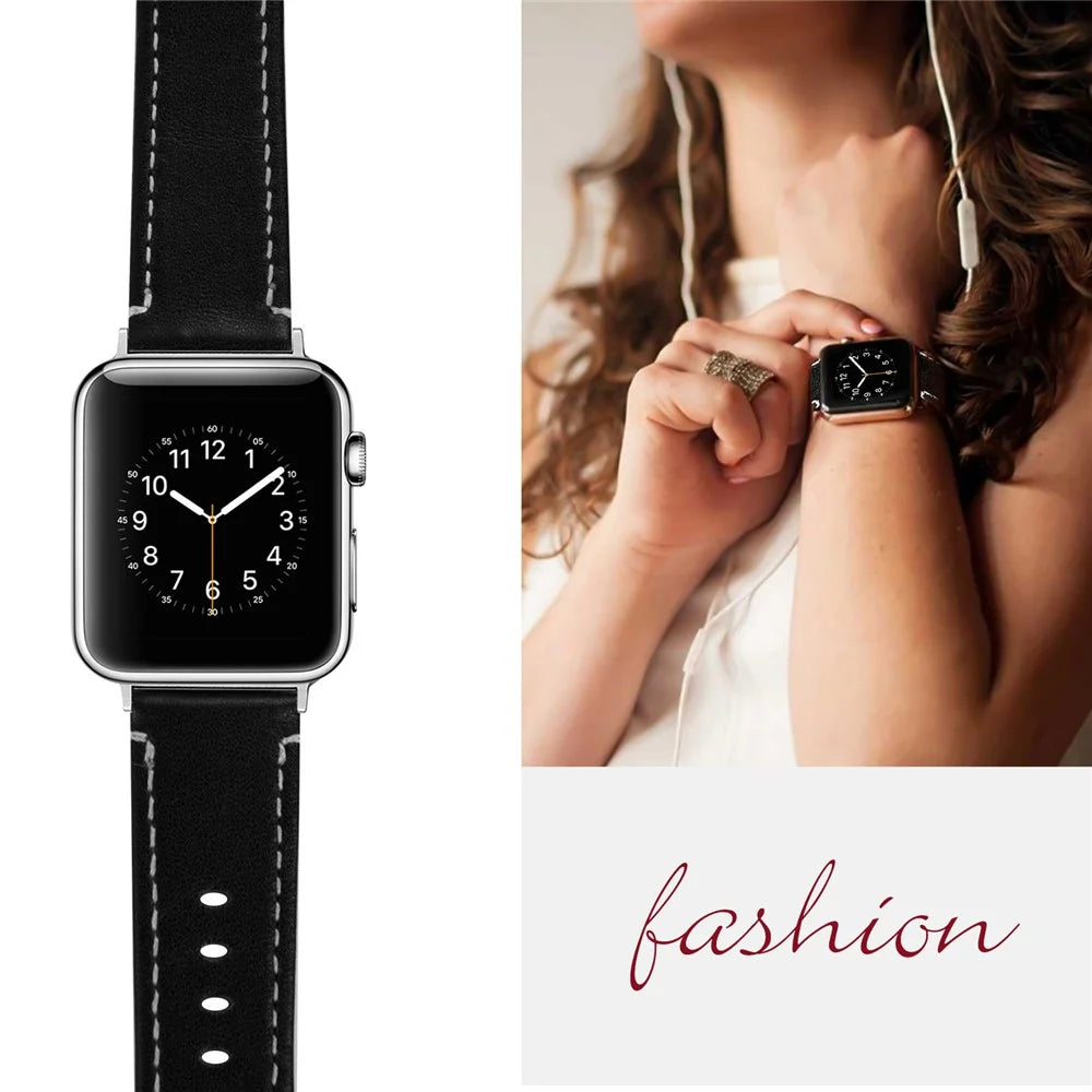 Genuine Leather Watch Band with Classical Buckle for Apple Watch Ultra 3 2 1 49mm / Series 11 10 46mm / 9 8 7 45mm / SE3 SE2 SE 6 5 4 44mm / 3 2 1 42mm - Black - 5