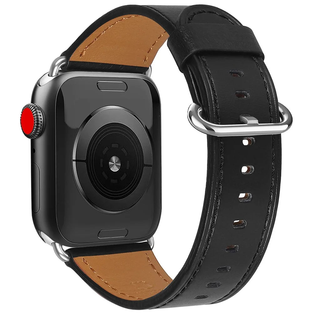 Genuine Leather Watch Strap for Apple Watch Series 11 10 42mm / 9 8 7 41mm / SE3 SE2 SE 6 5 4 40mm / 3 2 1 38mm - Black - 1