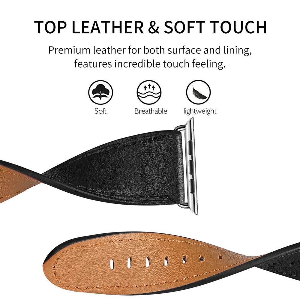 Genuine Leather Watch Strap for Apple Watch Series 11 10 42mm / 9 8 7 41mm / SE3 SE2 SE 6 5 4 40mm / 3 2 1 38mm - Black - 4