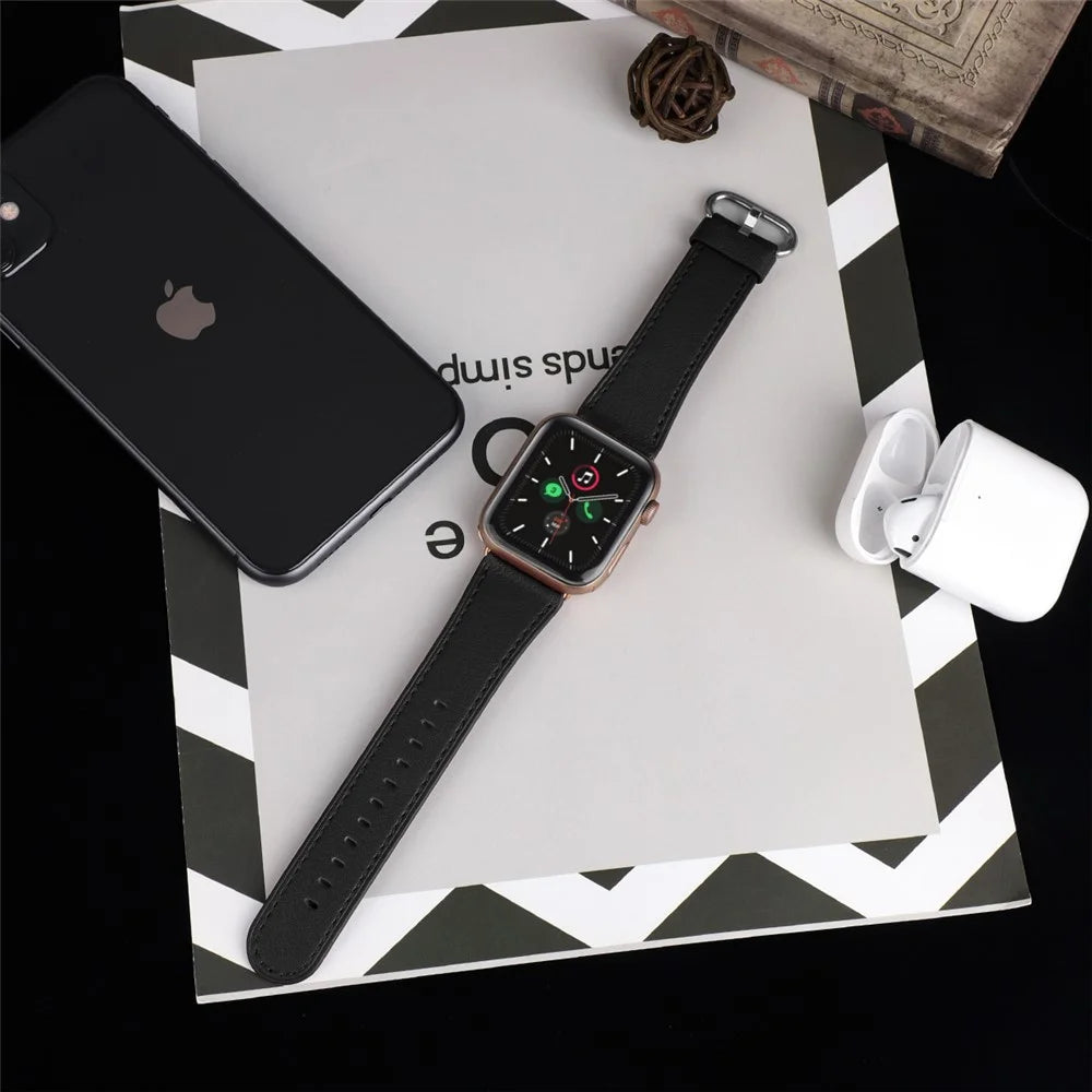 Genuine Leather Watch Strap for Apple Watch Series 11 10 42mm / 9 8 7 41mm / SE3 SE2 SE 6 5 4 40mm / 3 2 1 38mm - Black - 5