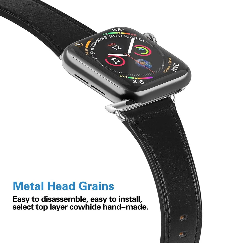Genuine Leather Watch Band for Apple Watch Ultra 3 2 1 49mm / Series 11 10 46mm / 9 8 7 45mm / SE3 SE2 SE 6 5 4 44mm / 3 2 1 42mm - Black - 3