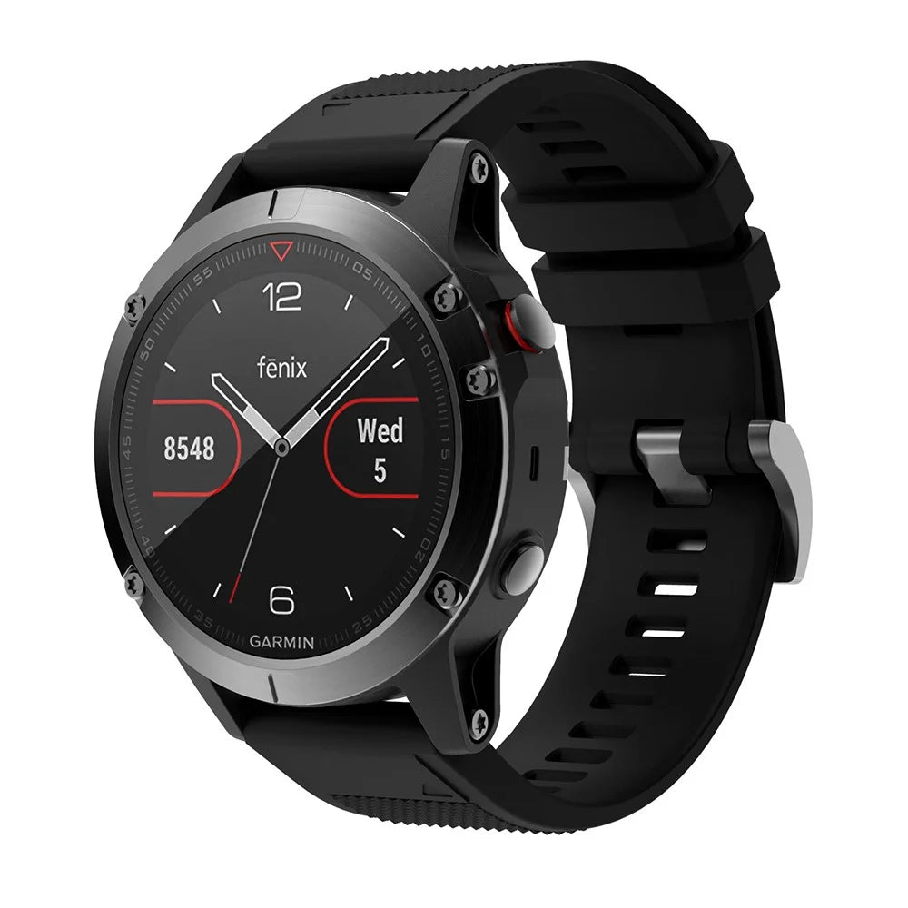 For Garmin Fenix 5 Silicone Watch Band 22mm Adjustable Smart Watch Strap with Black Buckle - Black - 5