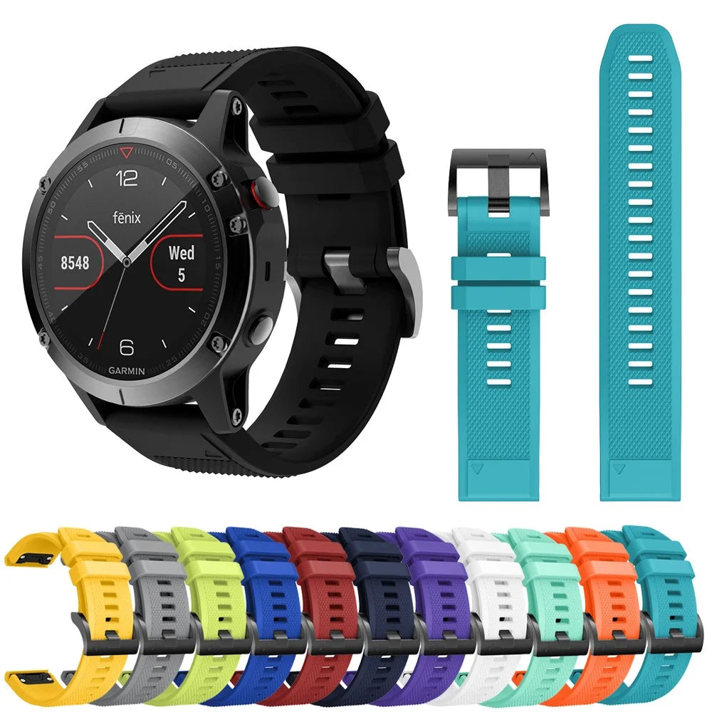For Garmin Fenix 5 Silicone Watch Band 22mm Adjustable Smart Watch Strap with Black Buckle - Black - 6