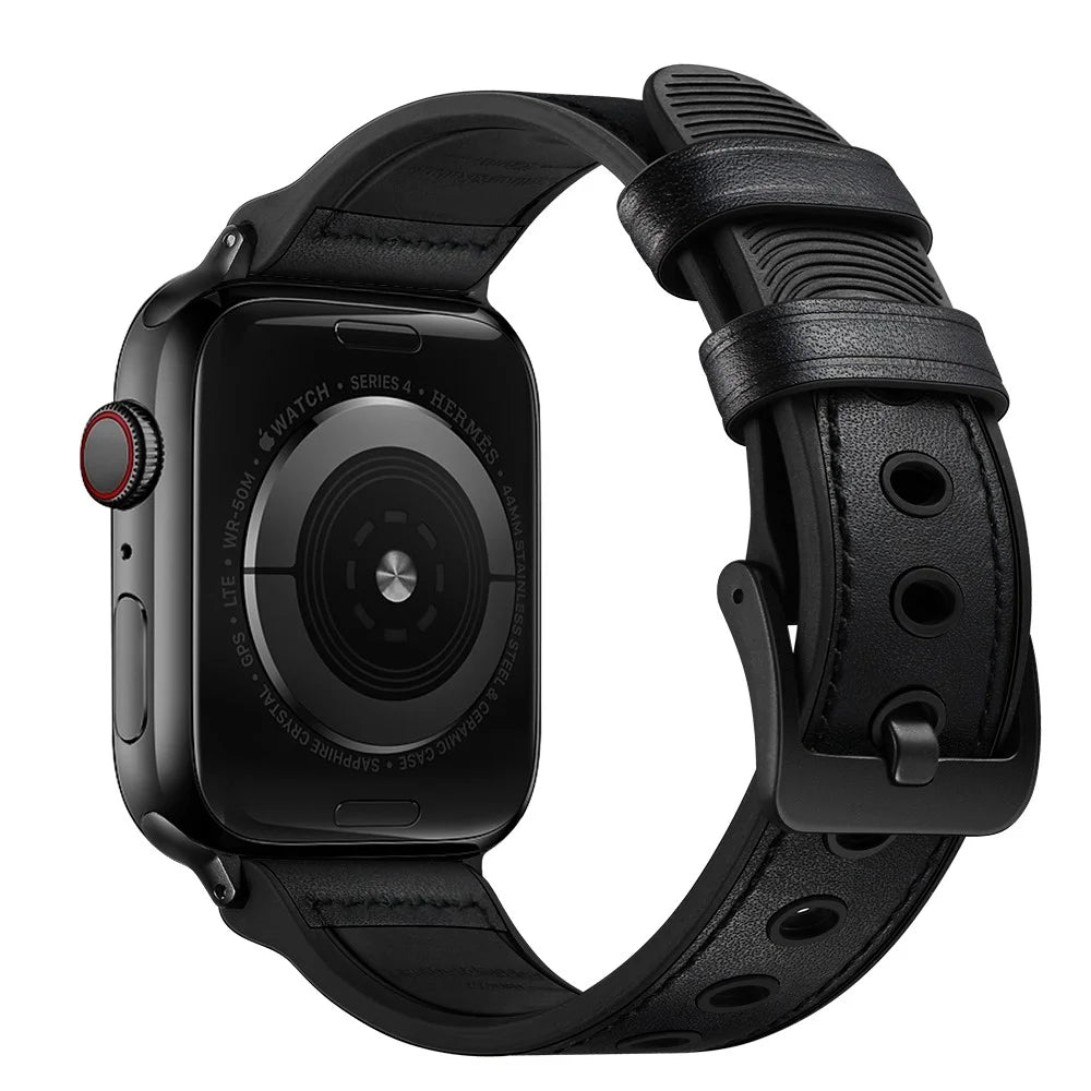 Genuine Leather Watch Band Replacement for Apple Watch Series 11 10 42mm / 9 8 7 41mm / SE3 SE2 SE 6 5 4 40mm / 3 2 1 38mm - Black - 1