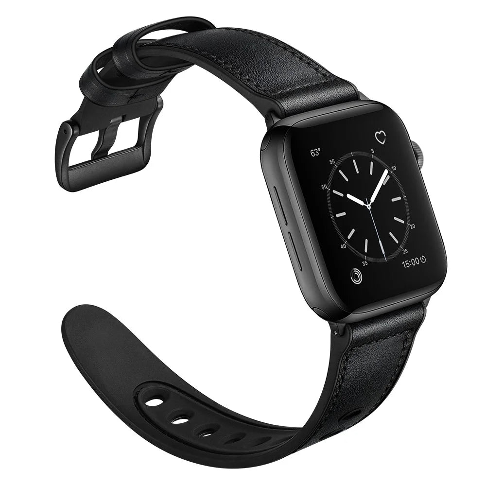 Genuine Leather Watch Band Replacement for Apple Watch Series 11 10 42mm / 9 8 7 41mm / SE3 SE2 SE 6 5 4 40mm / 3 2 1 38mm - Black - 2