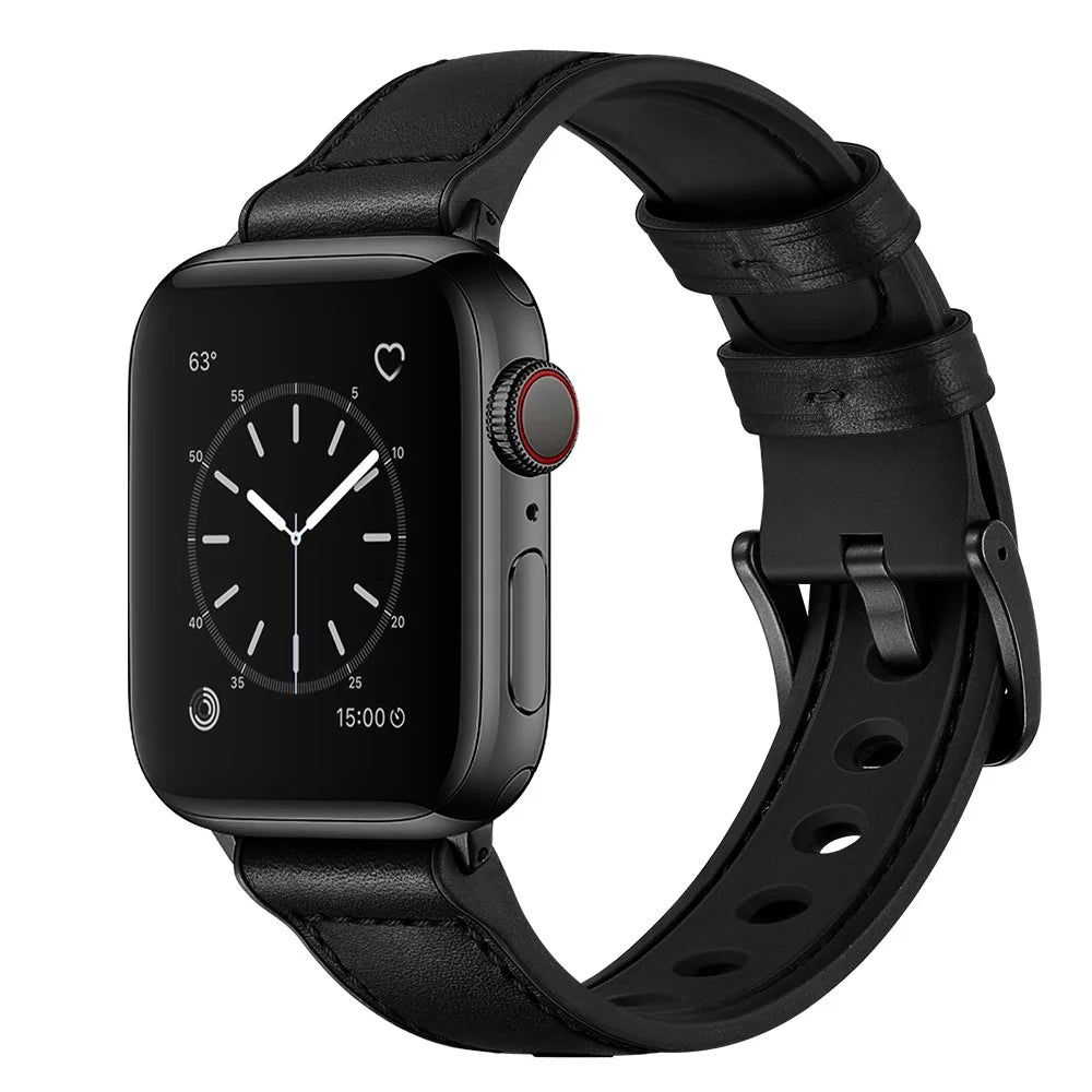 Genuine Leather Watch Band Replacement for Apple Watch Series 11 10 42mm / 9 8 7 41mm / SE3 SE2 SE 6 5 4 40mm / 3 2 1 38mm - Black - 7