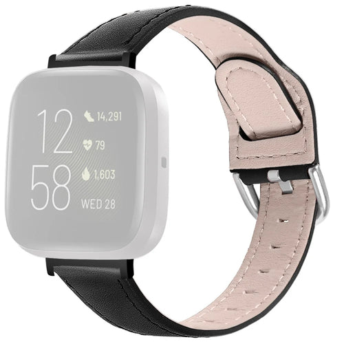 22.5mm Top Layer Genuine Leather Watch Band for Fitbit Versa 3/Sense, Adjustable Buckle Wrist Strap - Black - 1
