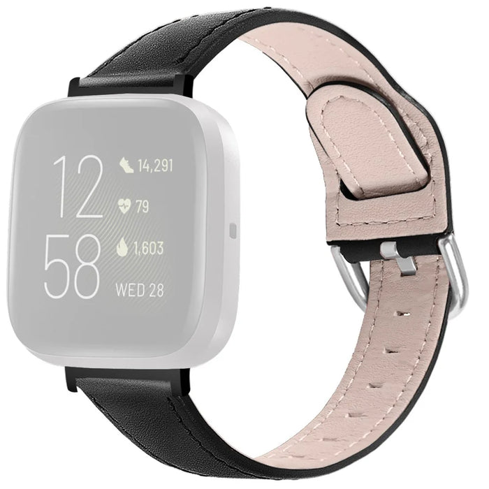 22.5mm Top Layer Genuine Leather Watch Band for Fitbit Versa 3/Sense, Adjustable Buckle Wrist Strap - Black - 1