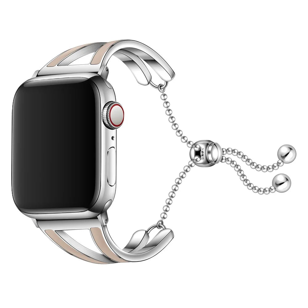 Dressy Jewelry Bangle Stainless Steel Watch Strap for Apple Watch Ultra 3 2 1 49mm / Series 11 10 46mm / 9 8 7 45mm / SE3 SE2 SE 6 5 4 44mm / 3 2 1 42mm - Silver / Apricot - 3