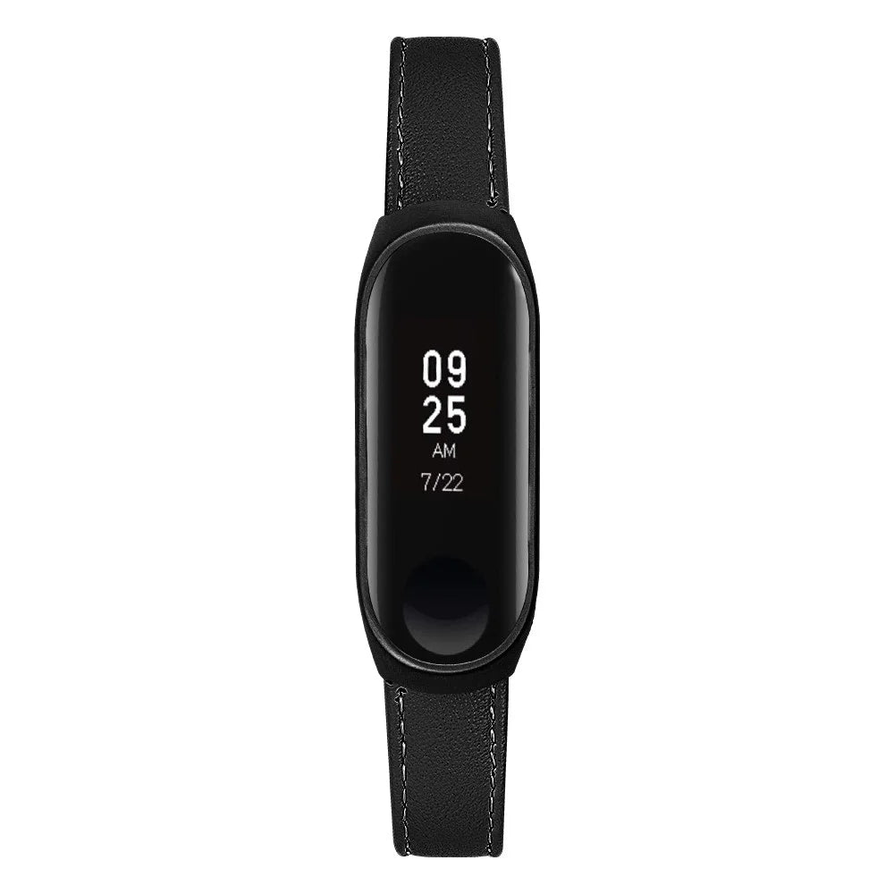 Quality Genuine Leather Watch Band Strap [Black Frame] for Xiaomi Mi Band 5 - Black - 2