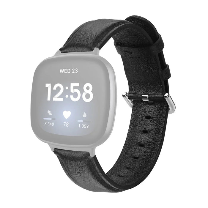 Pure Color Genuine Leather Watch Band for Fitbit Versa 3 - Black - 1