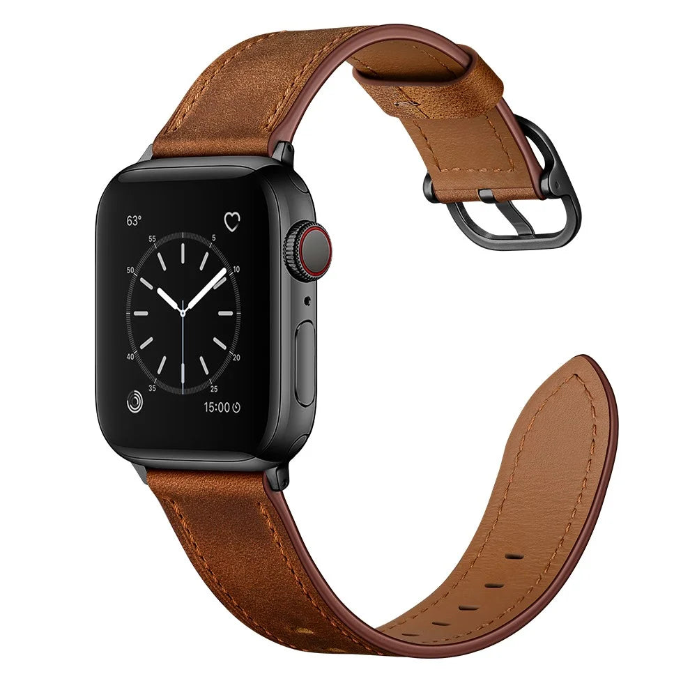 Genuine Leather Watch Band Replacement for Apple Watch Series 11 10 42mm / 9 8 7 41mm / SE3 SE2 SE 6 5 4 40mm / 3 2 1 38mm - Dark Brown - 4