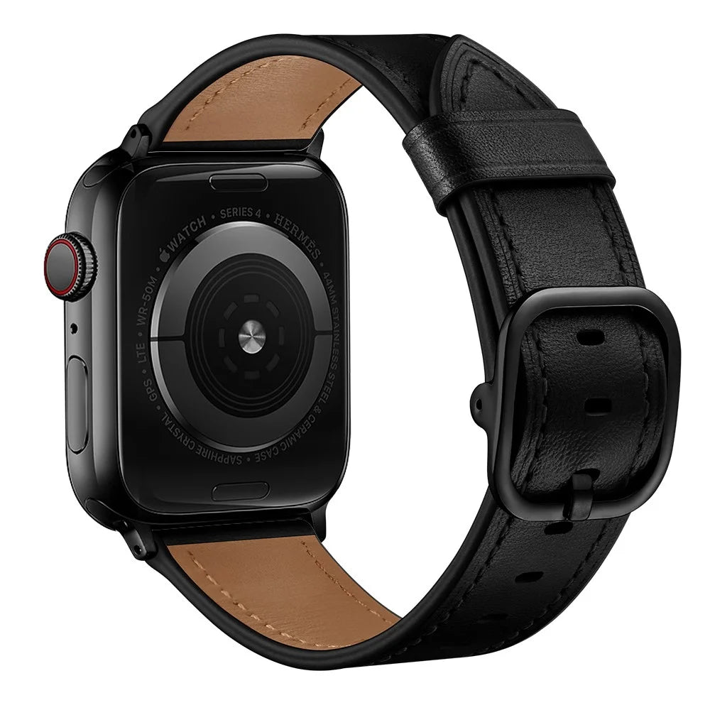 Genuine Leather Watch Band Replacement for Apple Watch Ultra 3 2 1 49mm / Series 11 10 46mm / 9 8 7 45mm / SE3 SE2 SE 6 5 4 44mm / 3 2 1 42mm - Black - 1