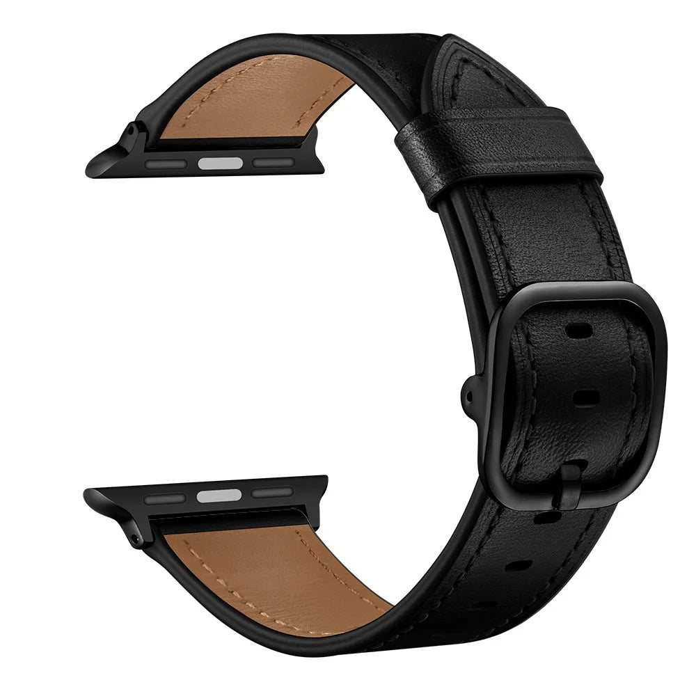 Genuine Leather Watch Band Replacement for Apple Watch Ultra 3 2 1 49mm / Series 11 10 46mm / 9 8 7 45mm / SE3 SE2 SE 6 5 4 44mm / 3 2 1 42mm - Black - 2