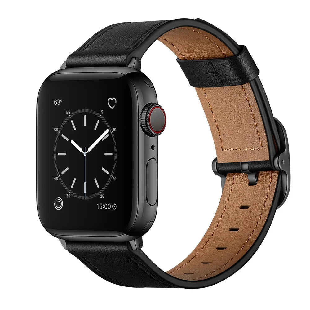 Genuine Leather Watch Band Replacement for Apple Watch Ultra 3 2 1 49mm / Series 11 10 46mm / 9 8 7 45mm / SE3 SE2 SE 6 5 4 44mm / 3 2 1 42mm - Black - 3