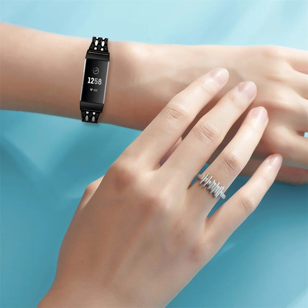 Rhinestone Decor Zinc Alloy Smart Watch Band Strap Replacement for Fitbit Charge 3 - Black - 4