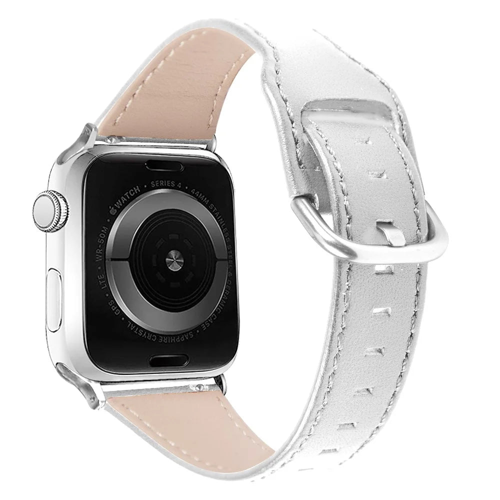 Genuine Leather Watch Band Replacement for Apple Watch Series 11 10 42mm / 9 8 7 41mm / SE3 SE2 SE 6 5 4 40mm / 3 2 1 38mm - White - 1