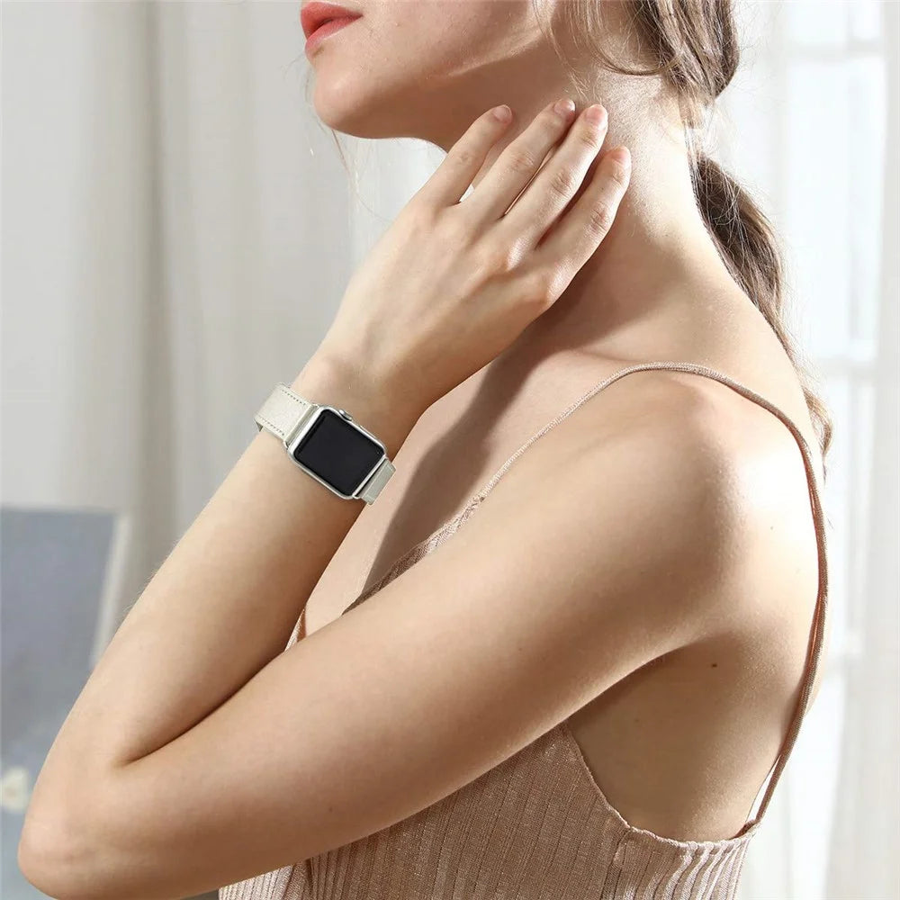 Genuine Leather Watch Band Replacement for Apple Watch Series 11 10 42mm / 9 8 7 41mm / SE3 SE2 SE 6 5 4 40mm / 3 2 1 38mm - White - 5