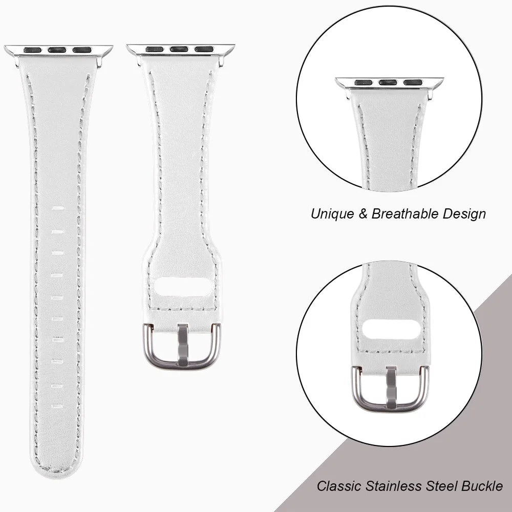 Genuine Leather Watch Band Replacement for Apple Watch Series 11 10 42mm / 9 8 7 41mm / SE3 SE2 SE 6 5 4 40mm / 3 2 1 38mm - White - 7