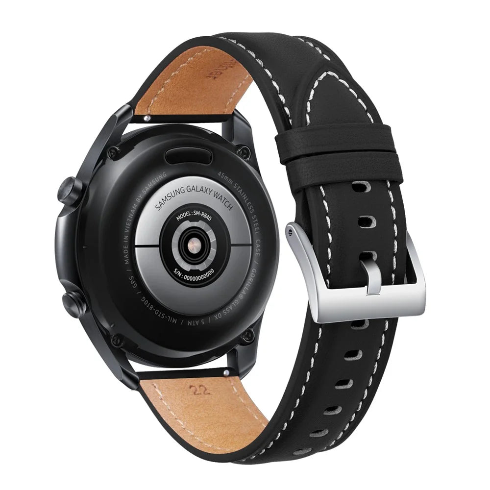 20mm Fine Stitches Genuine Leather Watch Band for Samsung Galaxy Watch4 Classic 46mm 42mm/Watch4 44mm 40mm/Galaxy Watch3 41mm - Black - 1