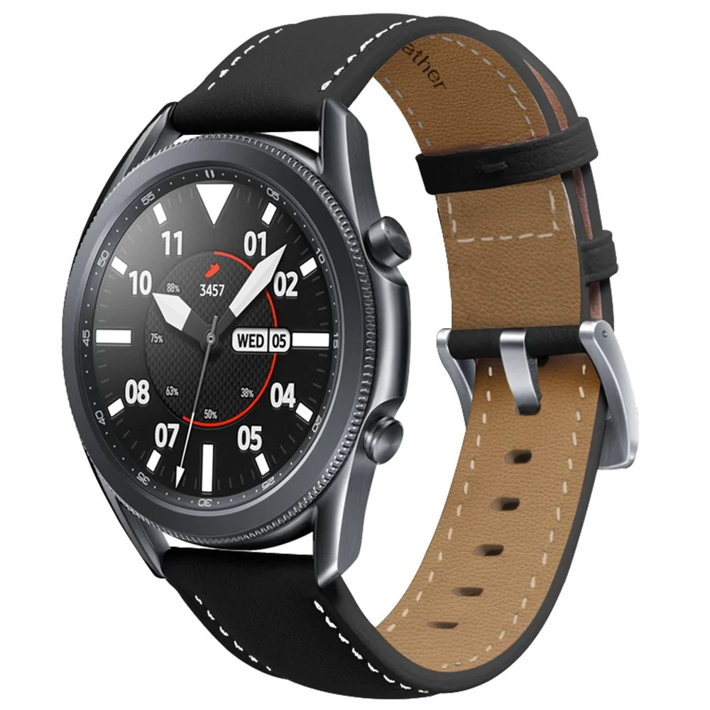 20mm Fine Stitches Genuine Leather Watch Band for Samsung Galaxy Watch4 Classic 46mm 42mm/Watch4 44mm 40mm/Galaxy Watch3 41mm - Black - 2