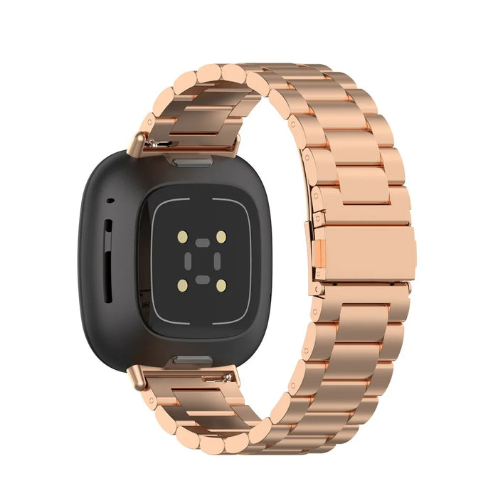 Stainless Steel Three Bead Buckle Chain Band for Fitbit Versa 3/Sense, Watchband Replacement - Rose Gold - 1