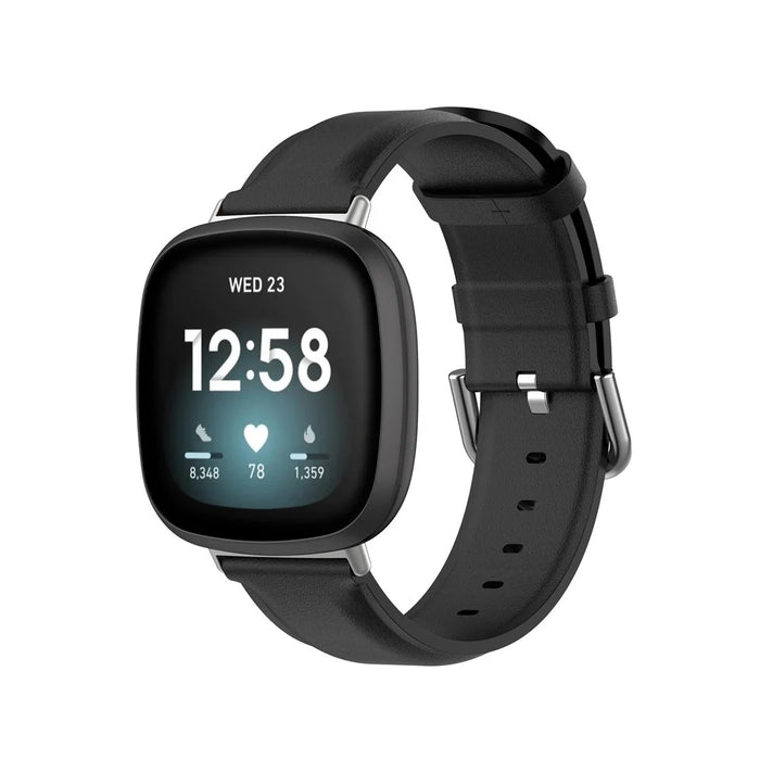 Genuine Leather Smart Watch Strap for Fitbit Versa 3/Sense Replacement Band - Black - 2