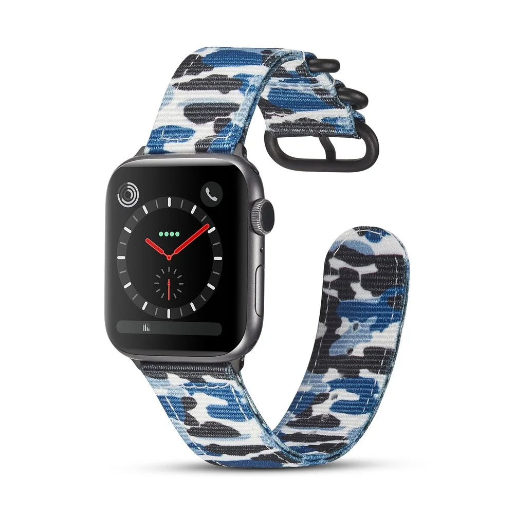 22mm Camouflage Style TPU+PU Nylon Watch Band for Apple Watch Ultra 3 2 1 49mm / Series 11 10 46mm / 9 8 7 45mm / SE3 SE2 SE 6 5 4 44mm / 3 2 1 42mm - Camouflage Blue - 2
