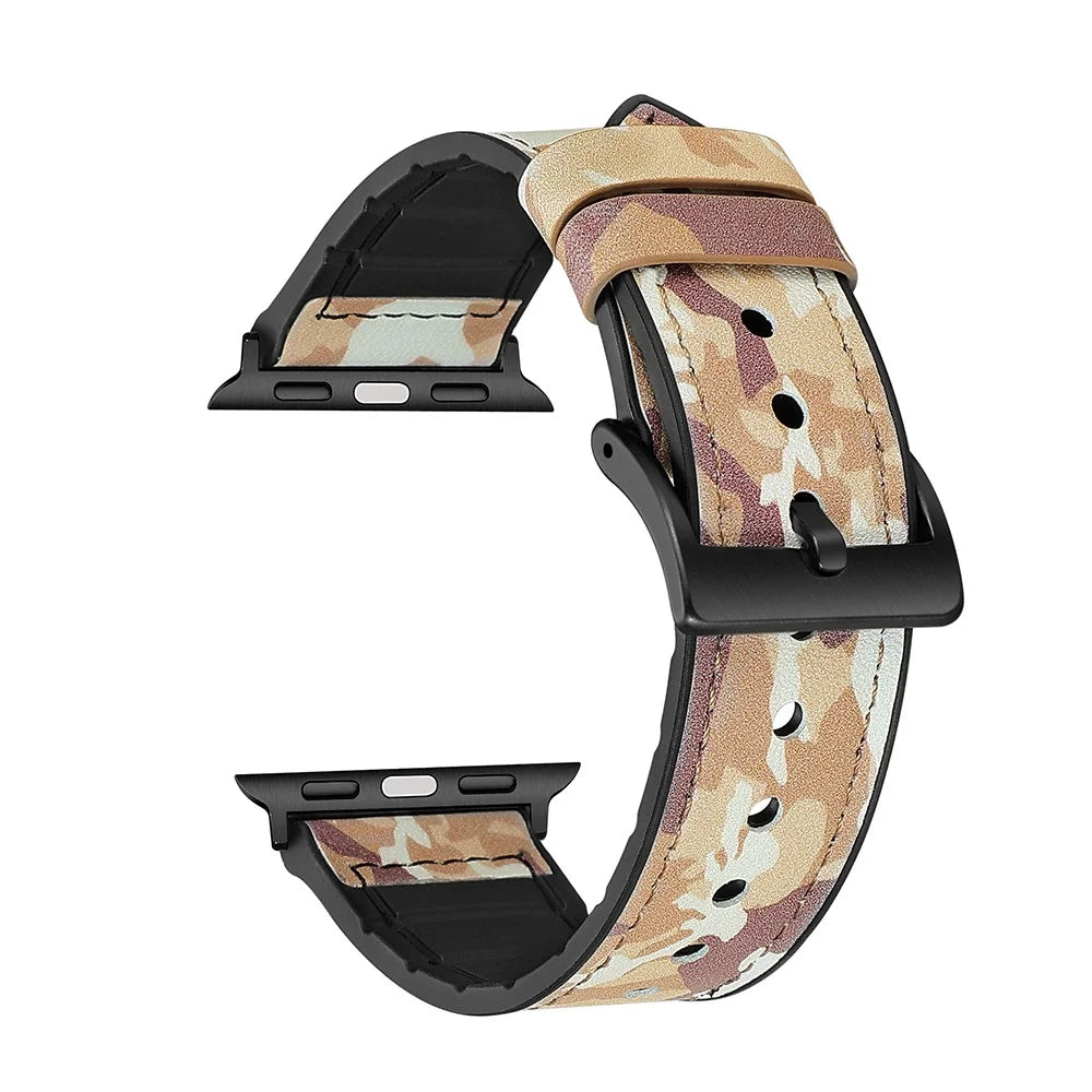 Color PU Leather + Silicone Watch Band for Apple Watch Ultra 3 2 1 49mm / Series 11 10 46mm / 9 8 7 45mm / SE3 SE2 SE 6 5 4 44mm / 3 2 1 42mm - Camouflage Brown - 1
