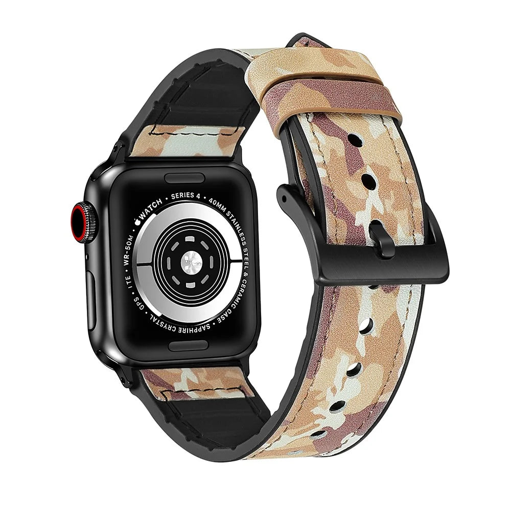 Color PU Leather + Silicone Watch Band for Apple Watch Ultra 3 2 1 49mm / Series 11 10 46mm / 9 8 7 45mm / SE3 SE2 SE 6 5 4 44mm / 3 2 1 42mm - Camouflage Brown - 3