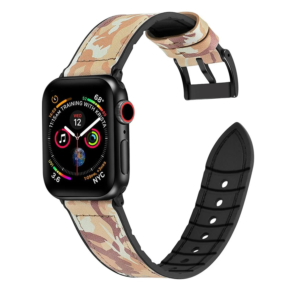 Color PU Leather + Silicone Watch Band for Apple Watch Ultra 3 2 1 49mm / Series 11 10 46mm / 9 8 7 45mm / SE3 SE2 SE 6 5 4 44mm / 3 2 1 42mm - Camouflage Brown - 4