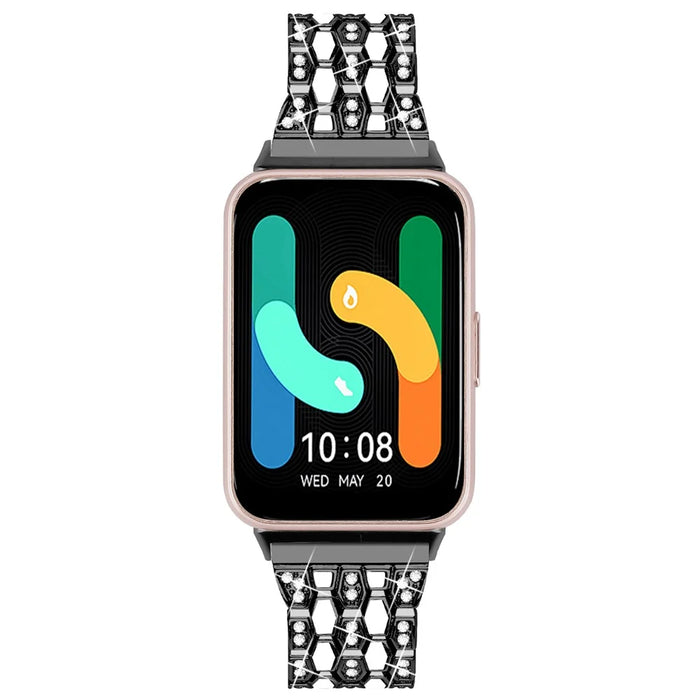 For Samsung Galaxy Fit3 SM-R390 Metal Watch Band Rhinestones Decor Replacement Strap - Black+White - 3
