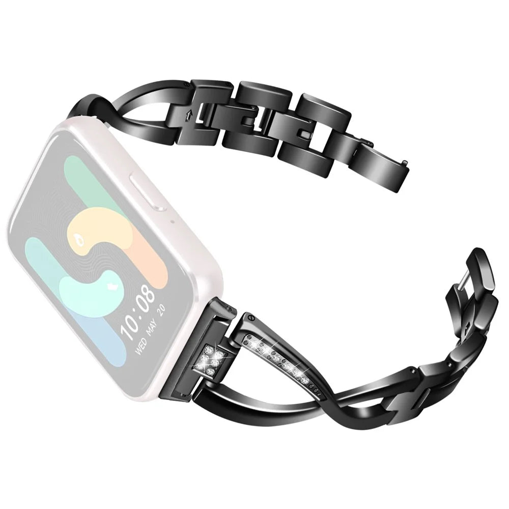 For Samsung Galaxy Fit3 SM-R390 Stainless Steel Strap Rhinestones Decor X-shape Smartwatch Band - Black - 1