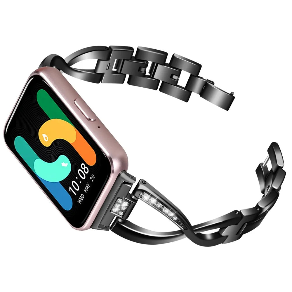 For Samsung Galaxy Fit3 SM-R390 Stainless Steel Strap Rhinestones Decor X-shape Smartwatch Band - Black - 2