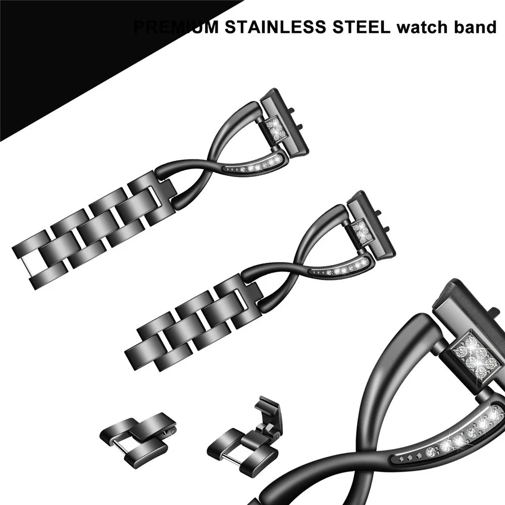 For Samsung Galaxy Fit3 SM-R390 Stainless Steel Strap Rhinestones Decor X-shape Smartwatch Band - Black - 3